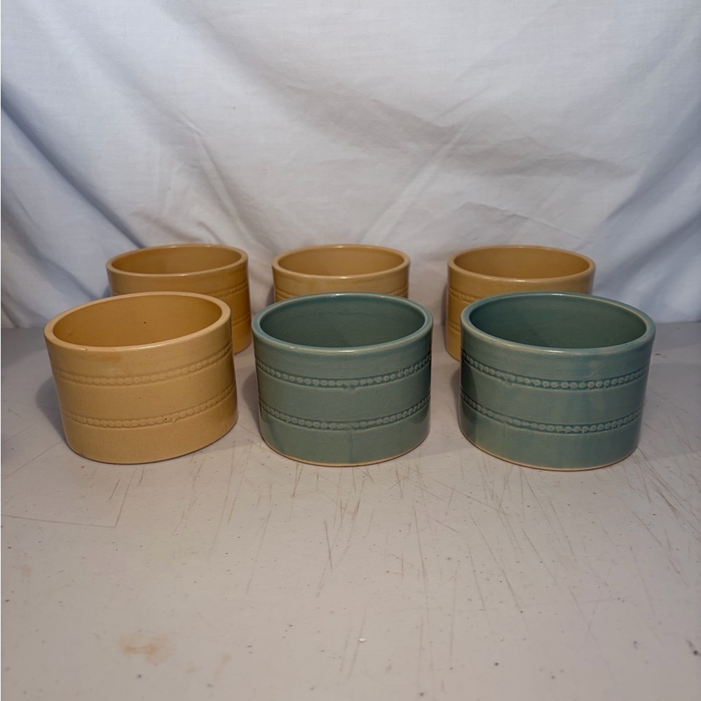 Vintage yellow ware,over and back Ramekins/crocks Sage Green & Warm mustard